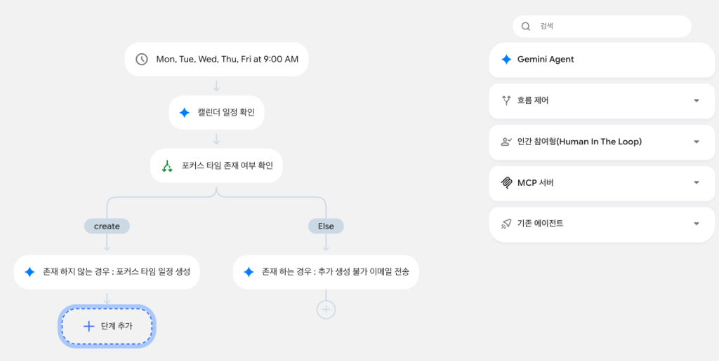 Workflow 단계 추가 패널. Gemini Agent, 흐름 제어, 인간 참여형, MCP 서버, 기존 에이전트 목록