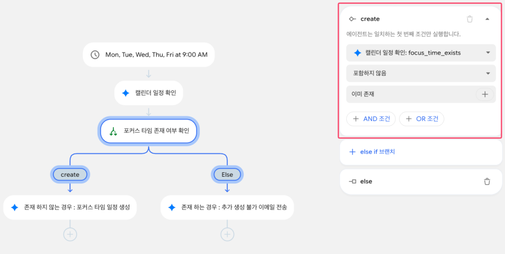 흐름 제어 단계의 create 분기 조건 설정 화면. 이미 존재라는 텍스트를 포함하지 않음 조건